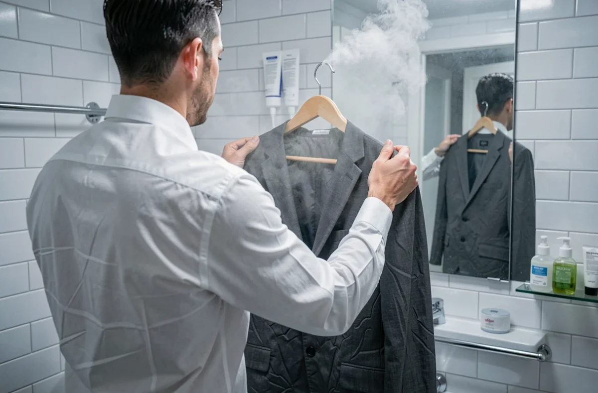 Homme défroissant un costume en utilisant la vapeur d'une douche chaude dans une salle de bain d'hôtel