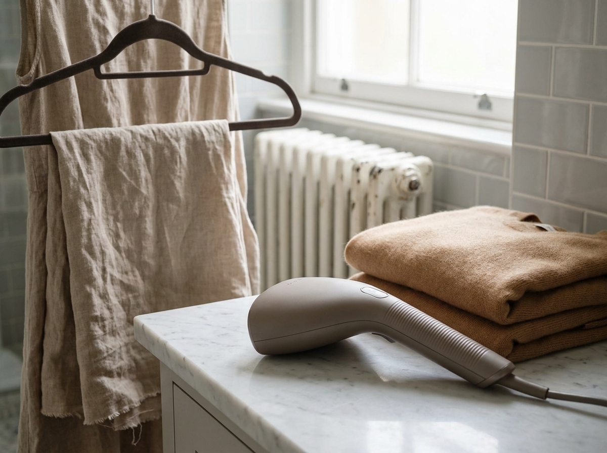 Défroisseur vapeur compact posé sur un plan en marbre blanc à côté d'un pull en cachemire et d'une robe en lin