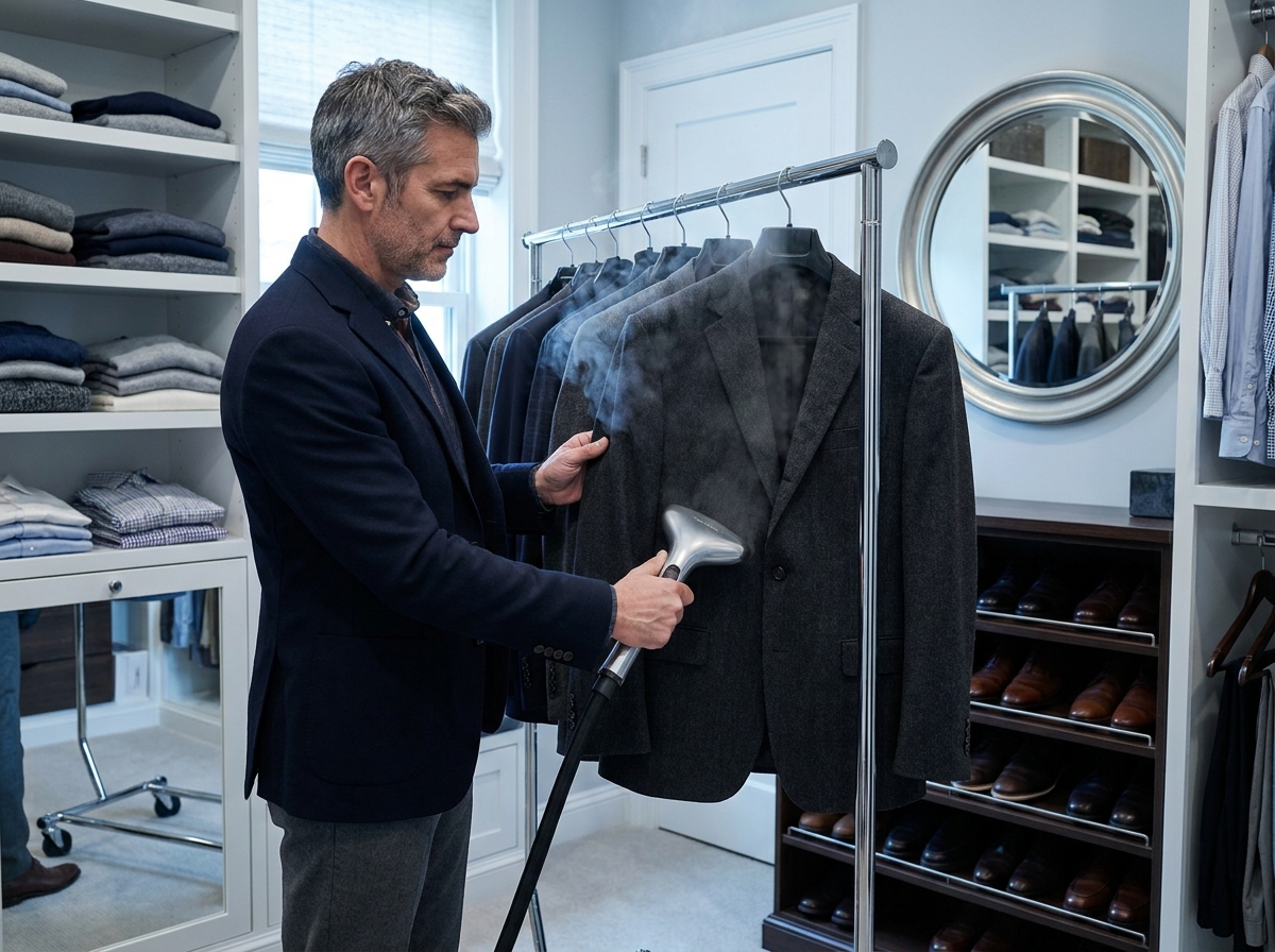 Homme défroissant un costume en laine avec un défroisseur vapeur debout dans un dressing organisé