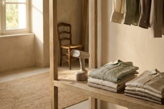 Défroisseur vapeur compact et linge plié dans un dressing