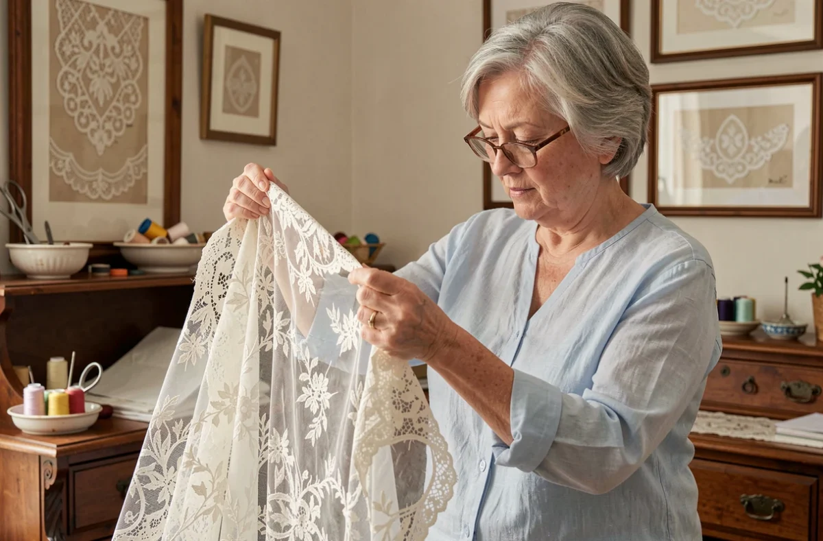 Couturière de Dentelle et Chiffon manipulant délicatement de la dentelle française et du tissu chiffon