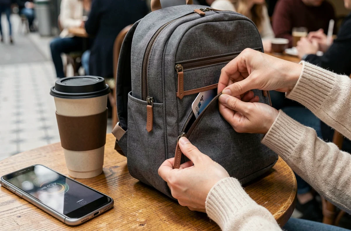 Détail du zip anti-vol d'un sac à dos femme léger posé sur une table de café