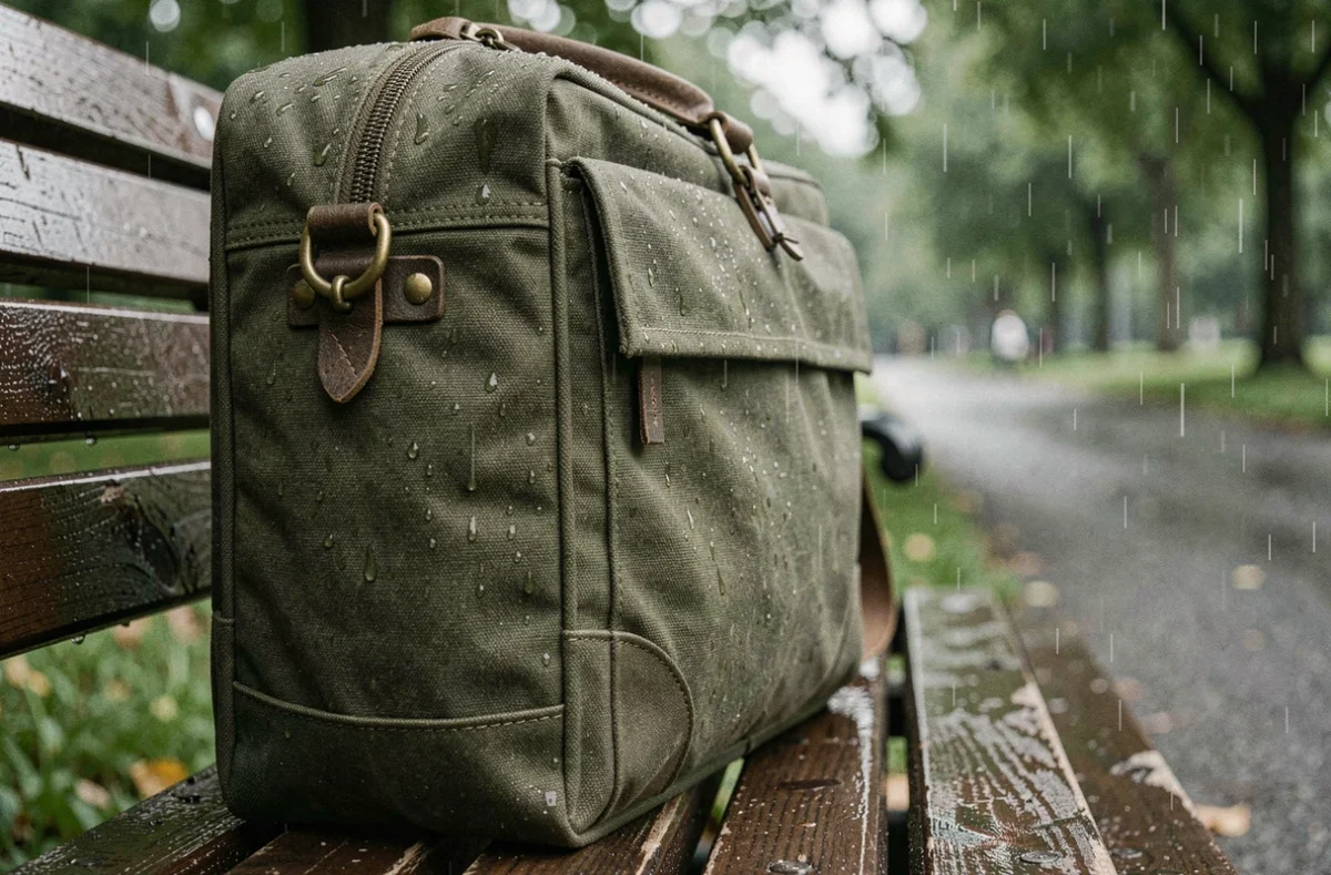 Gros plan d'un sac de voyage en toile imperméable avec gouttes de pluie sur un banc mouillé en extérieur