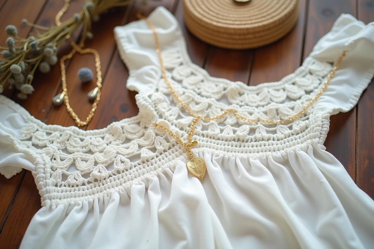 Détails d'une tenue blanche bohème pour soirée : panneau crochet, smocks brodés et accessoires dorés sur une table en bois rustique