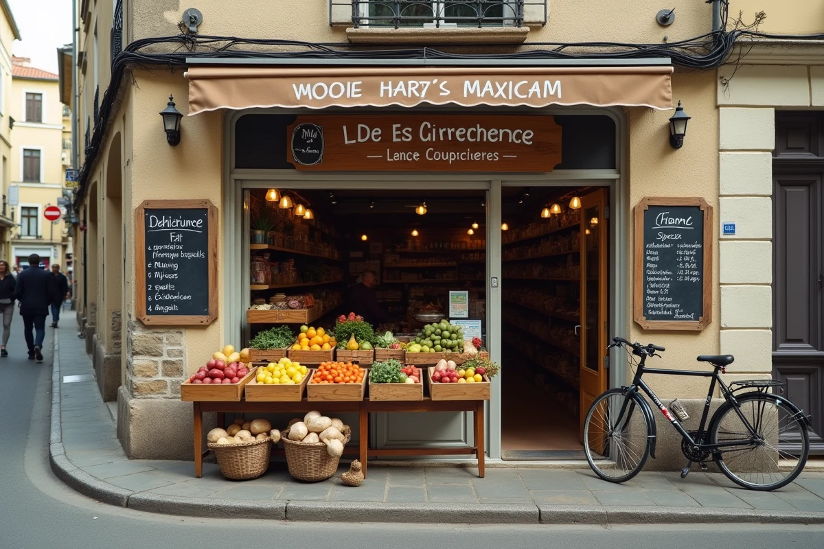 Devanture de l'épicerie Pilou Givors avec étals de fruits et légumes frais sur le trottoir, commerce de proximité
