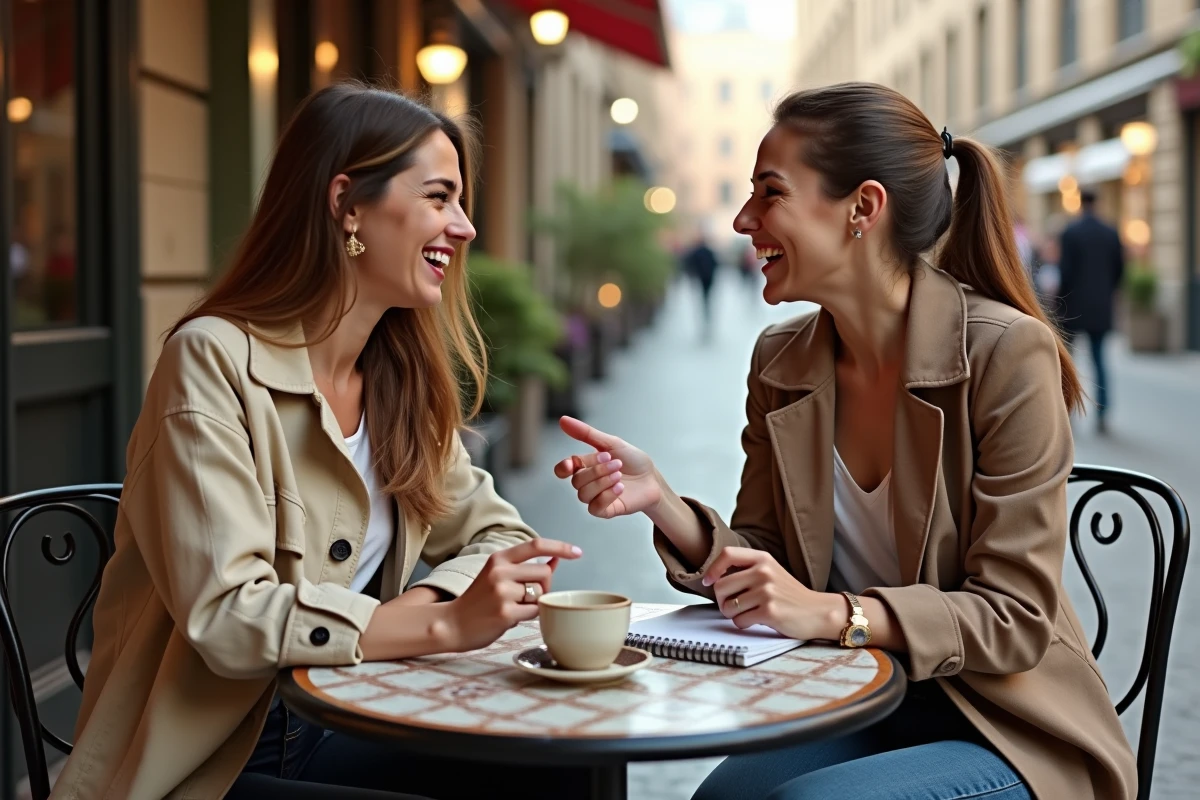 Deux femmes discutant de stratégie de blog lifestyle autour d'un café en terrasse, explorant des idées de niche créative
