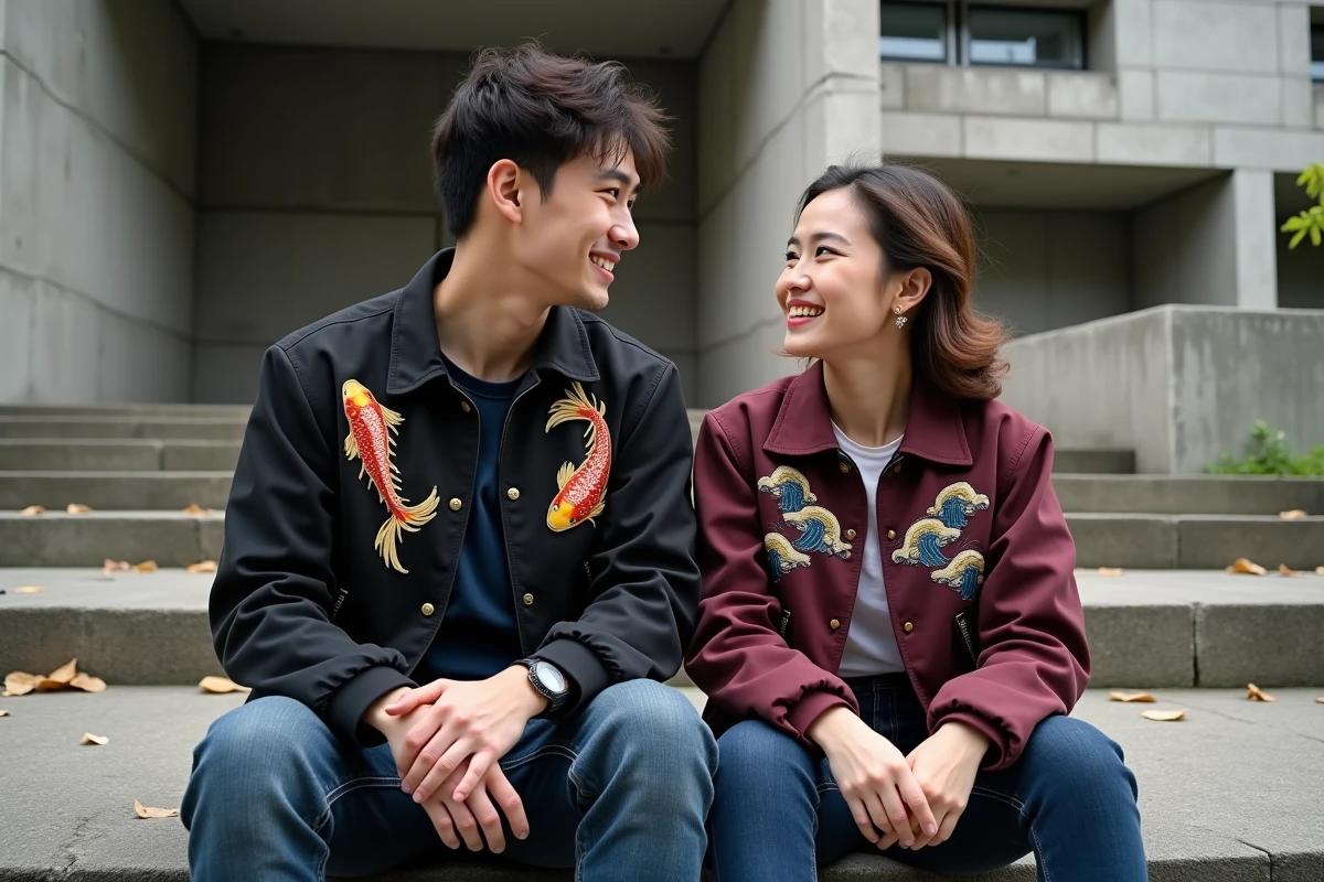 Deux amis en jackets souvenir brodées et jeans bruts assis sur des marches en béton dans un contexte urbain