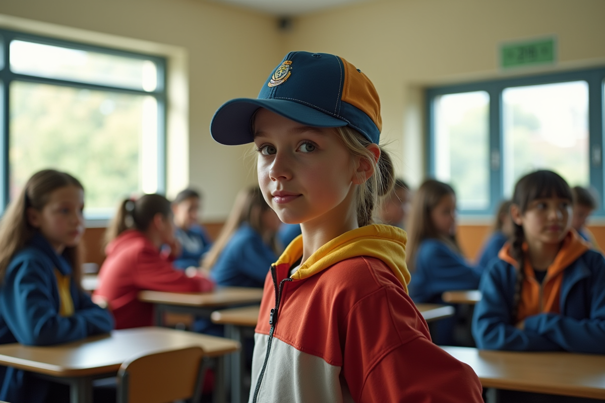Elève en vêtements de sport colorés dans une salle de classe avec camarades