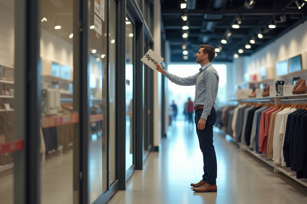 Employe de magasin retirant une enseigne vide