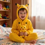 Jeune garçon portant un pyjama Pikachu jaune en polaire assis sur son lit avec un sourire naturel