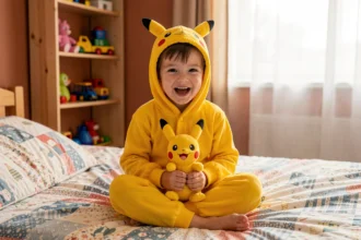 Jeune garçon portant un pyjama Pikachu jaune en polaire assis sur son lit avec un sourire naturel