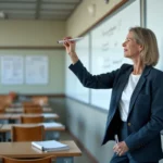 Enseignante de mathématiques dessinant une forme trapèze au tableau blanc dans une salle de classe