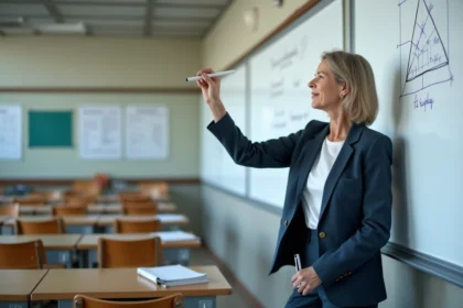 Enseignante de mathématiques dessinant une forme trapèze au tableau blanc dans une salle de classe