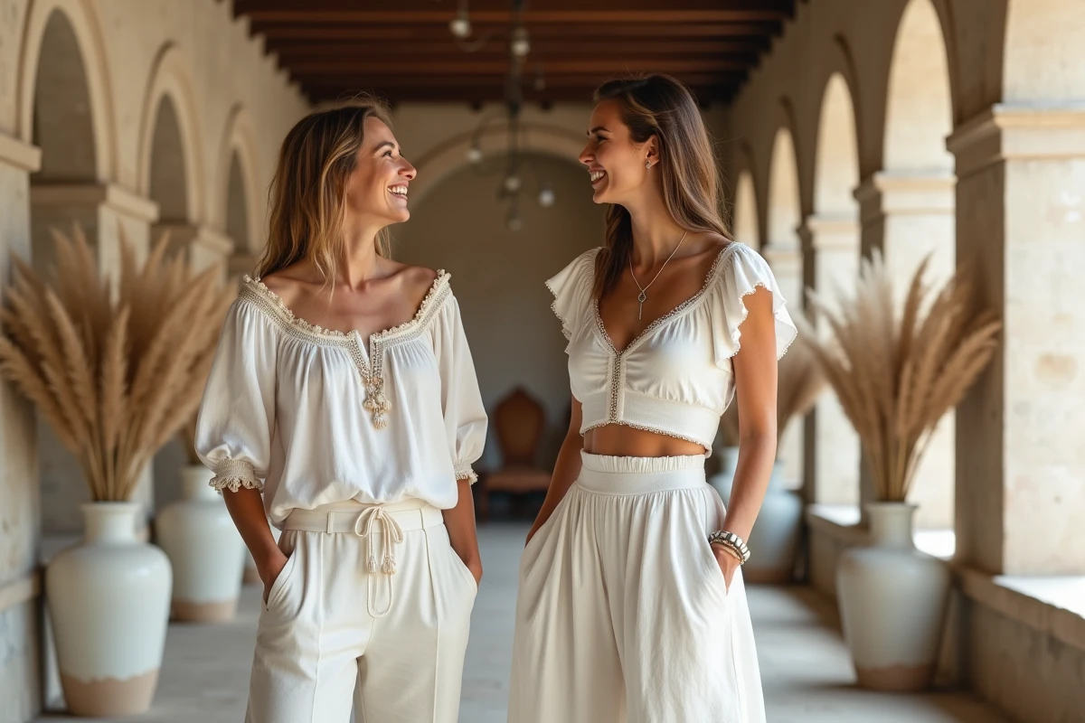 Deux femmes portant des ensembles blancs bohèmes coordonnés, pantalon en lin et jupe à volants, dans une salle voûtée en pierre décorée de pampa pour une soirée élégante