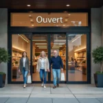 Entrée principale du magasin Dancharia ouverte le dimanche avec des clients qui entrent