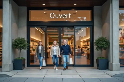 Entrée principale du magasin Dancharia ouverte le dimanche avec des clients qui entrent
