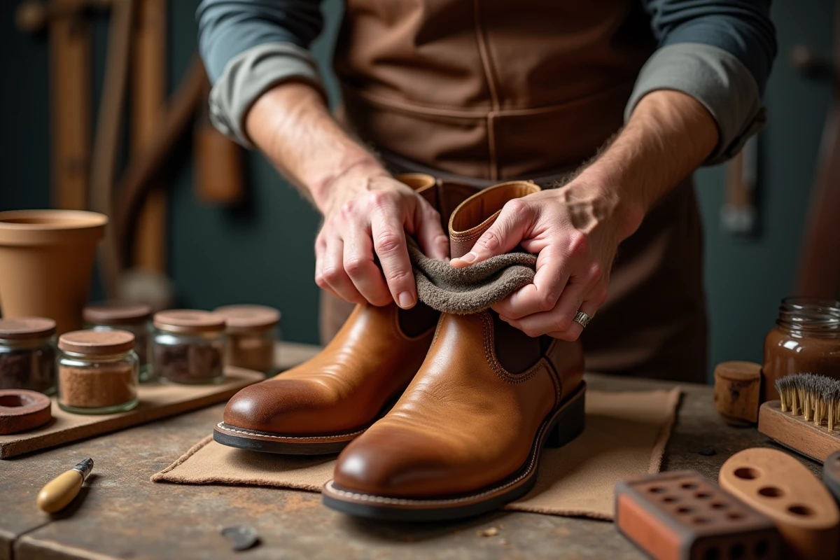 Artisan appliquant un produit d'entretien sur des santiags en cuir beige, gros plan sur les mains et les bottes posées sur un établi de cordonnier