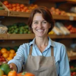 Commerçante arrangeant des produits frais dans l'épicerie Pilou Givors, commerce de proximité à Givors