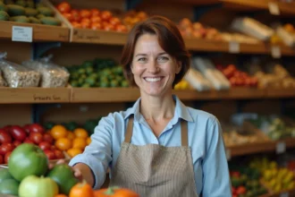 Commerçante arrangeant des produits frais dans l'épicerie Pilou Givors, commerce de proximité à Givors