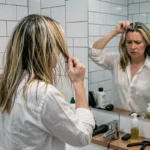 Femme aux cheveux abîmés et décolorés examinant ses racines devant un miroir de salle de bain