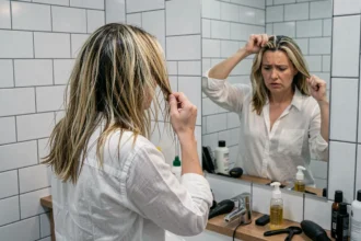 Femme aux cheveux abîmés et décolorés examinant ses racines devant un miroir de salle de bain