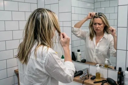 Femme aux cheveux abîmés et décolorés examinant ses racines devant un miroir de salle de bain