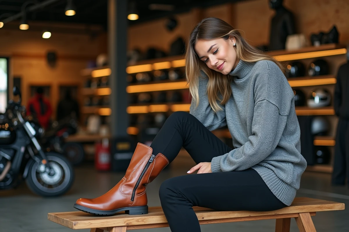 Femme essayant des bottes moto courtes adaptées aux petits pieds dans une boutique d'équipements moto, assise sur un banc en bois