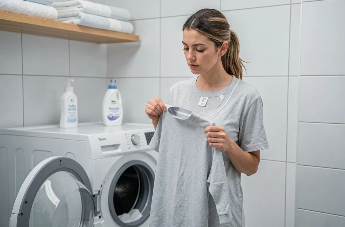 Femme lisant l'étiquette d'entretien d'une grenouillère grise devant un lave-linge ouvert dans une buanderie moderne