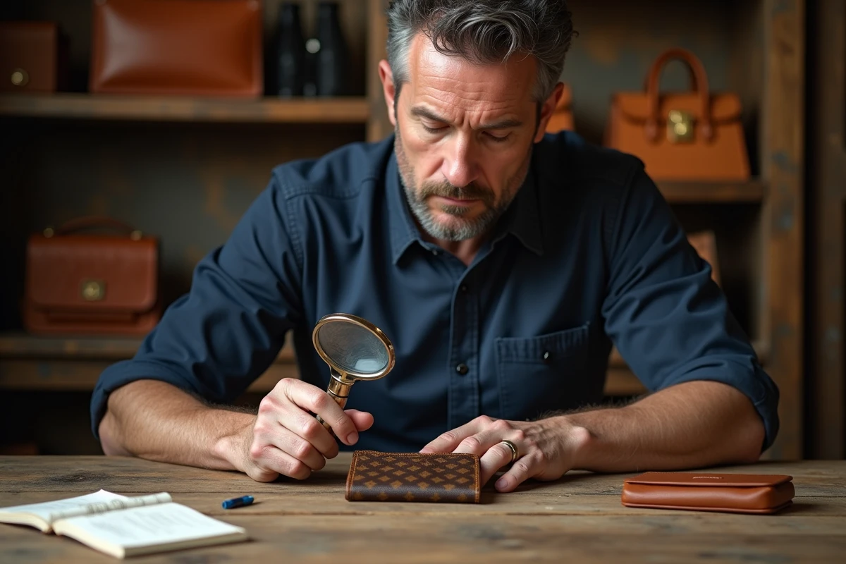 Expert en authentification examinant un portefeuille Louis Vuitton avec une loupe pour vérifier le numéro de série