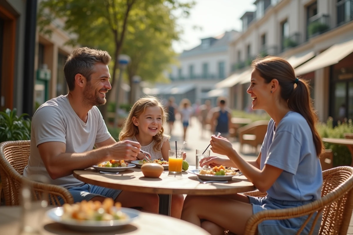 Famille riant autour d un repas en terrasse en ville