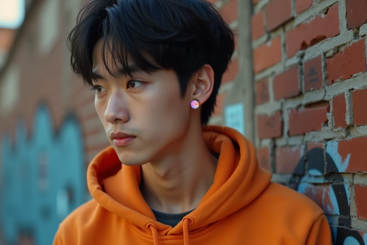Fan de Dragon Ball portant une boucle d'oreille Potara originale dans un contexte urbain