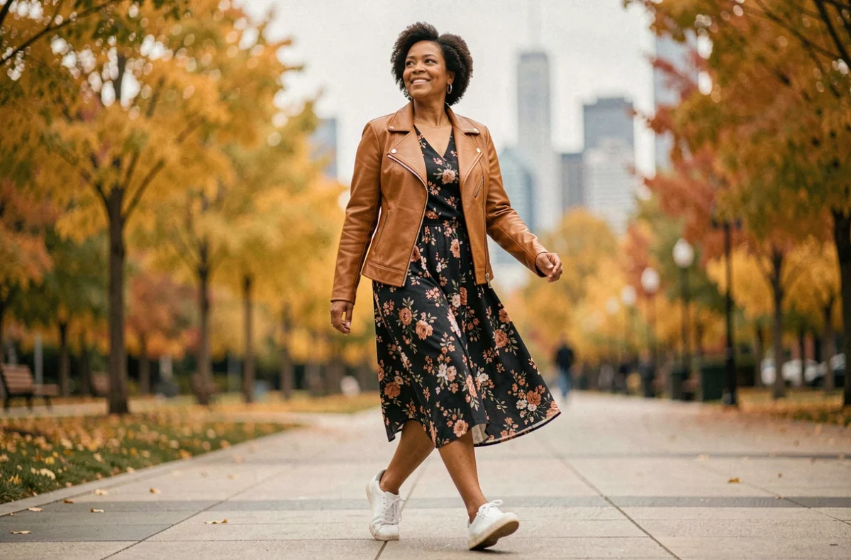 Femme dynamique de 40 ans portant une veste en cuir caramel vintage avec une robe fleurie dans un parc automnal urbain