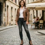 Femme de plus de 40 ans portant une veste en cuir vintage marron avec un jean slim dans une rue pavée européenne