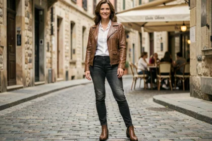 Femme de plus de 40 ans portant une veste en cuir vintage marron avec un jean slim dans une rue pavée européenne