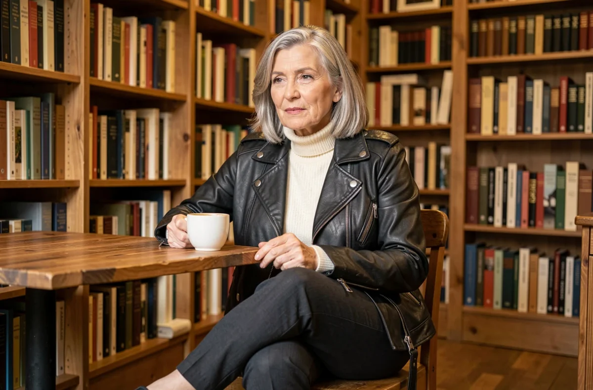 Femme élégante de plus de 50 ans en veste en cuir noire vintage assise dans une librairie chaleureuse avec un café