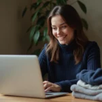 Femme parcourant le site Thebradery sur un ordinateur portable dans un bureau à domicile cosy