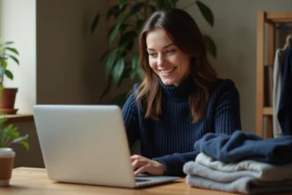 Femme parcourant le site Thebradery sur un ordinateur portable dans un bureau à domicile cosy