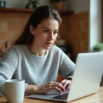 Femme consultant des avis clients sur un site d'achat en ligne de seconde main comme Seelpy, assise dans une cuisine moderne