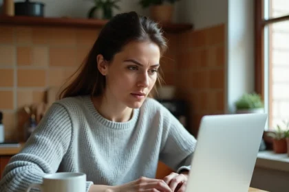Femme consultant des avis clients sur un site d'achat en ligne de seconde main comme Seelpy, assise dans une cuisine moderne