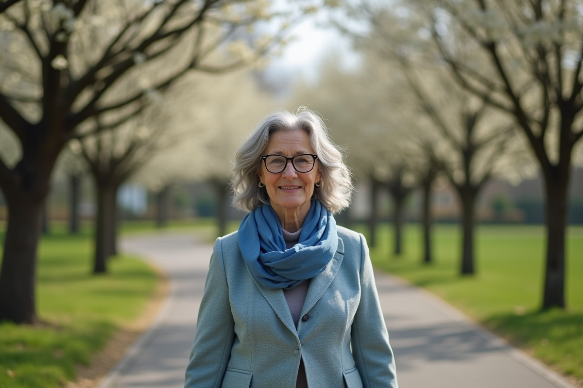 Femme active de 70 ans marchant dans un parc