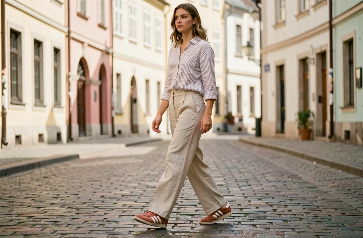 Femme portant des Adidas Samba Rose coloris terracotta et blanc cassé avec pantalon lin large dans une rue pavée européenne, style casual chic 2026