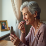 Femme âgée se maquillant dans un miroir avec élégance