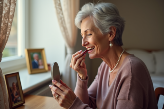 Femme âgée se maquillant dans un miroir avec élégance