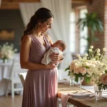 Femme en robe pastel mauve allaitant son bébé lors d'un mariage
