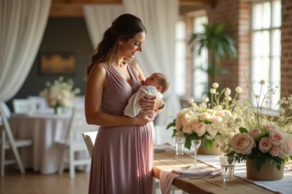 Femme en robe pastel mauve allaitant son bébé lors d'un mariage