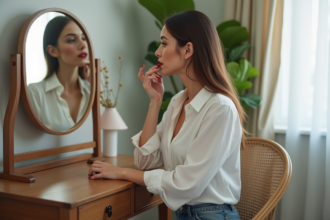Femme appliquant du rouge à lèvres dans une chambre cosy