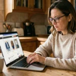 Femme lisant des avis clients sur le site Kiabi depuis son ordinateur portable dans une cuisine chaleureuse