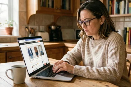 Femme lisant des avis clients sur le site Kiabi depuis son ordinateur portable dans une cuisine chaleureuse