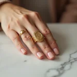 Femme qui enfile une bague chevalière dorée sur son doigt pour vérifier la taille