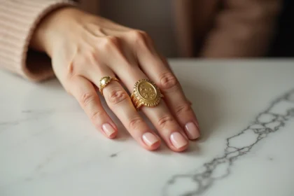 Femme qui enfile une bague chevalière dorée sur son doigt pour vérifier la taille